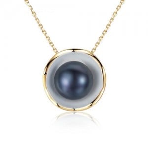 Pearl Inlaid Seashell Pendant Design Graceful 925 Sterling Silver Necklace - Black