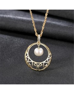 Oval-shaped Pearl Pendant Inlaid Floral Hollow Hoop Design 925 Sterling Silver Necklace - Golden