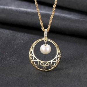 Oval-shaped Pearl Pendant Inlaid Floral Hollow Hoop Design 925 Sterling Silver Necklace - Golden
