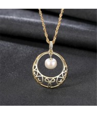 Oval-shaped Pearl Pendant Inlaid Floral Hollow Hoop Design 925 Sterling Silver Necklace - Golden