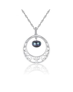 Oval-shaped Pearl Pendant Inlaid Floral Hollow Hoop Design 925 Sterling Silver Necklace - Silver