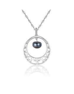 Oval-shaped Pearl Pendant Inlaid Floral Hollow Hoop Design 925 Sterling Silver Necklace - Silver