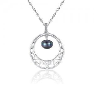 Oval-shaped Pearl Pendant Inlaid Floral Hollow Hoop Design 925 Sterling Silver Necklace - Silver