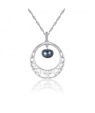 Oval-shaped Pearl Pendant Inlaid Floral Hollow Hoop Design 925 Sterling Silver Necklace - Silver