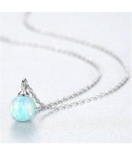 Natural Ball Gem Pendant 925 Sterling Silver Necklace - Light Blue