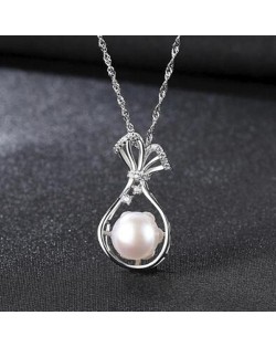 Natural Pearl Inlaid Fortune Bag Pendant 925 Sterling Silver Necklace - White