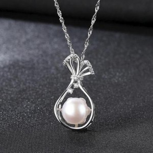 Natural Pearl Inlaid Fortune Bag Pendant 925 Sterling Silver Necklace - White