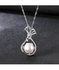 Natural Pearl Inlaid Fortune Bag Pendant 925 Sterling Silver Necklace - White