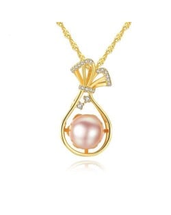 Natural Pearl Inlaid Fortune Bag Pendant 925 Sterling Silver Necklace - Pink