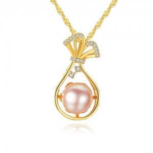 Natural Pearl Inlaid Fortune Bag Pendant 925 Sterling Silver Necklace - Pink