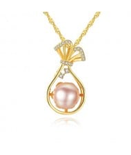 Natural Pearl Inlaid Fortune Bag Pendant 925 Sterling Silver Necklace - Pink