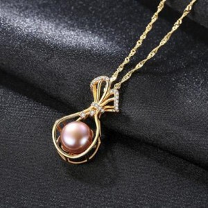 Natural Pearl Inlaid Fortune Bag Pendant 925 Sterling Silver Necklace - Purple