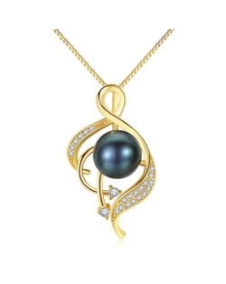 Natural Pearl Inlaid Graceful Pendant Design 925 Sterling Silver Necklace - Black