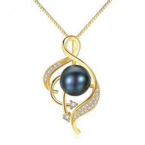 Natural Pearl Inlaid Graceful Pendant Design 925 Sterling Silver Necklace - Black