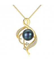 Natural Pearl Inlaid Graceful Pendant Design 925 Sterling Silver Necklace - Black