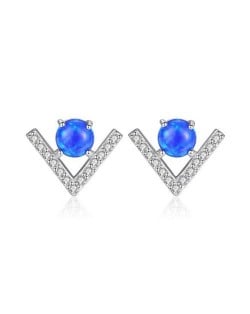 Natural Gem Inlaid V Shape Design 925 Sterling Silver Earrings - Blue