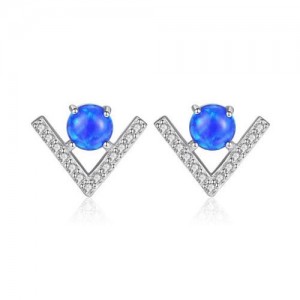 Natural Gem Inlaid V Shape Design 925 Sterling Silver Earrings - Blue