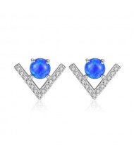 Natural Gem Inlaid V Shape Design 925 Sterling Silver Earrings - Blue