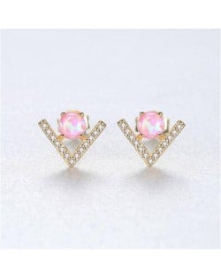 Natural Gem Inlaid V Shape Design 925 Sterling Silver Earrings - Pink