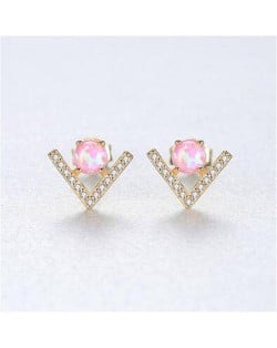 Natural Gem Inlaid V Shape Design 925 Sterling Silver Earrings - Pink