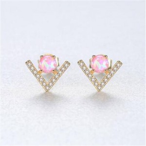 Natural Gem Inlaid V Shape Design 925 Sterling Silver Earrings - Pink