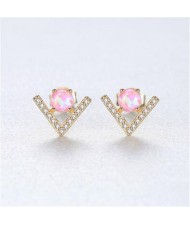 Natural Gem Inlaid V Shape Design 925 Sterling Silver Earrings - Pink