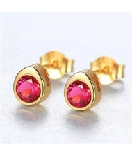 Gem Embellished Mini-fashion Waterdrop Design 925 Sterling Silver Earrings - Red