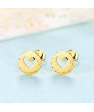 Hollow Heart Button Shape 925 Sterling Silver Earrings - Golden