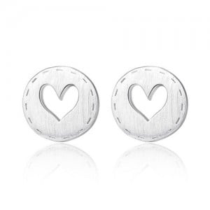 Hollow Heart Button Shape 925 Sterling Silver Earrings - Silver