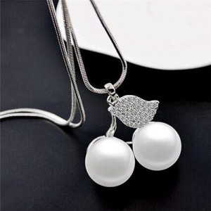 Czeche Rhinestone Embellished Cherry Design Pearl Fashion Necklace