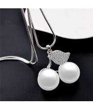 Czeche Rhinestone Embellished Cherry Design Pearl Fashion Necklace