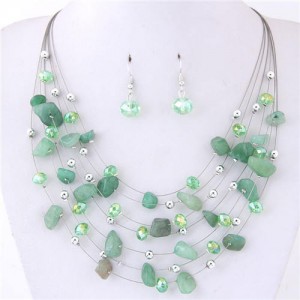 Crystal Stones and Seashell Beads Necklace Multi-layer Fashion Necklace and Earrings Set - Green