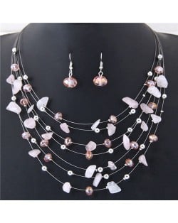 Crystal Stones and Seashell Beads Necklace Multi-layer Fashion Necklace and Earrings Set - Pink