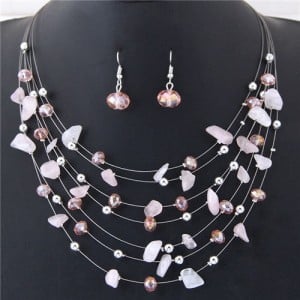 Crystal Stones and Seashell Beads Necklace Multi-layer Fashion Necklace and Earrings Set - Pink