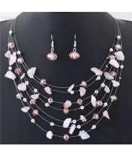Crystal Stones and Seashell Beads Necklace Multi-layer Fashion Necklace and Earrings Set - Pink