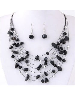 Crystal Stones and Seashell Beads Necklace Multi-layer Fashion Necklace and Earrings Set - Black