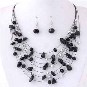Crystal Stones and Seashell Beads Necklace Multi-layer Fashion Necklace and Earrings Set - Black