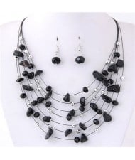 Crystal Stones and Seashell Beads Necklace Multi-layer Fashion Necklace and Earrings Set - Black
