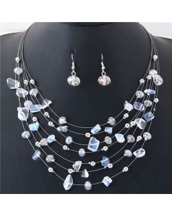 Crystal Stones and Seashell Beads Necklace Multi-layer Fashion Necklace and Earrings Set - White