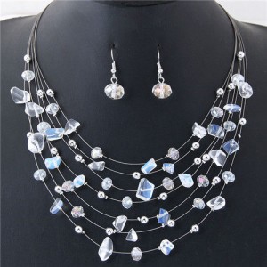 Crystal Stones and Seashell Beads Necklace Multi-layer Fashion Necklace and Earrings Set - White