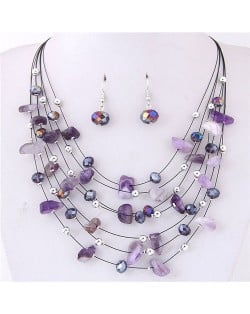 Crystal Stones and Seashell Beads Necklace Multi-layer Fashion Necklace and Earrings Set - Violet