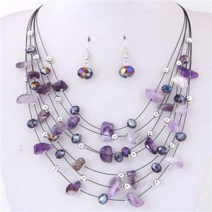 Crystal Stones and Seashell Beads Necklace Multi-layer Fashion Necklace and Earrings Set - Violet