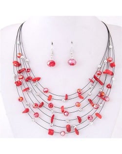 Crystal Stones and Seashell Beads Necklace Multi-layer Fashion Necklace and Earrings Set - Red