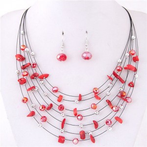 Crystal Stones and Seashell Beads Necklace Multi-layer Fashion Necklace and Earrings Set - Red