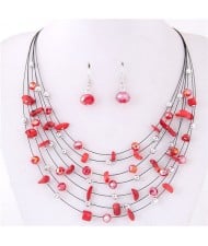 Crystal Stones and Seashell Beads Necklace Multi-layer Fashion Necklace and Earrings Set - Red