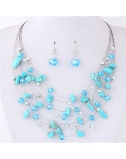 Crystal Stones and Seashell Beads Necklace Multi-layer Fashion Necklace and Earrings Set - Blue