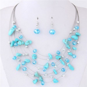 Crystal Stones and Seashell Beads Necklace Multi-layer Fashion Necklace and Earrings Set - Blue