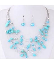 Crystal Stones and Seashell Beads Necklace Multi-layer Fashion Necklace and Earrings Set - Blue