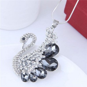 Glass Gem Embellished Elegant Swan Long Chain Fashion Necklace - Gray