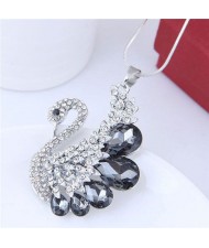 Glass Gem Embellished Elegant Swan Long Chain Fashion Necklace - Gray